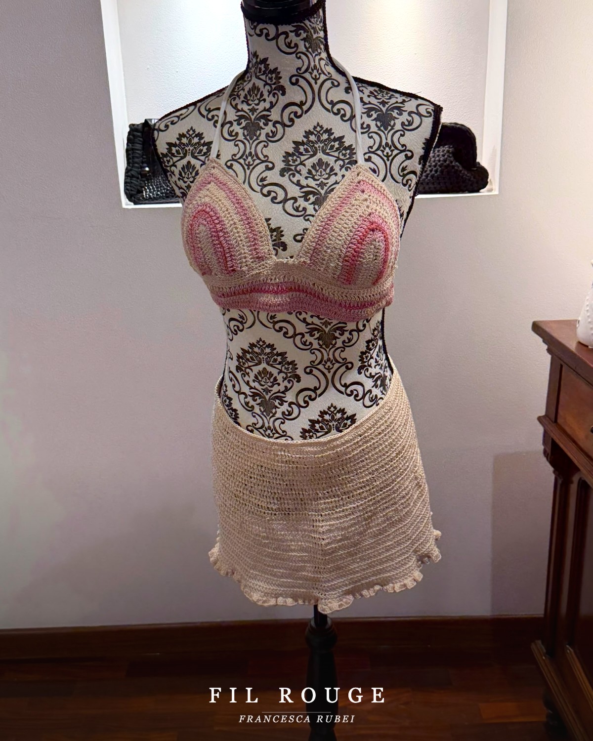 Blush pink crochet bralette and matching skirt set