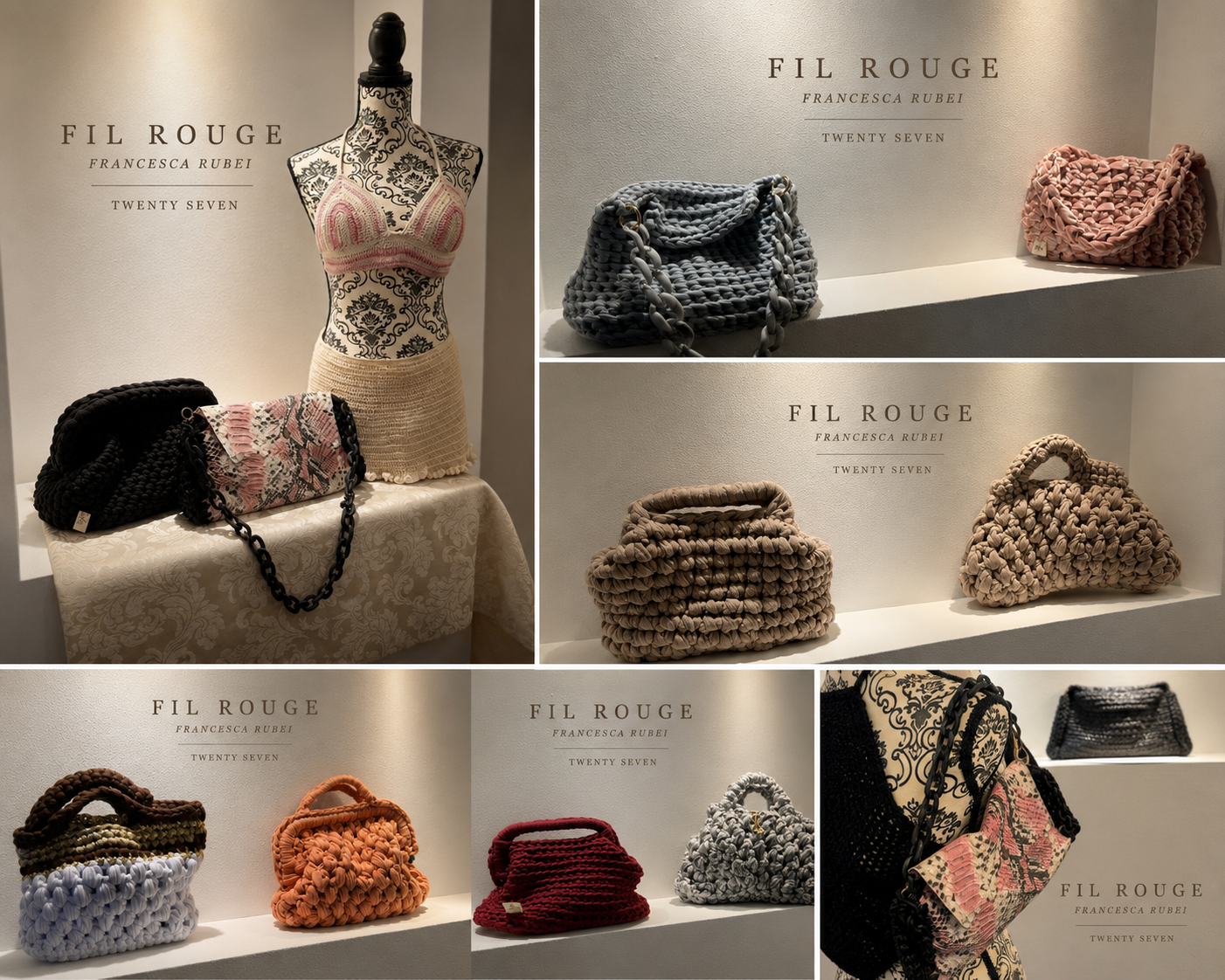 Fil Rouge presentation board with bags shown in detail